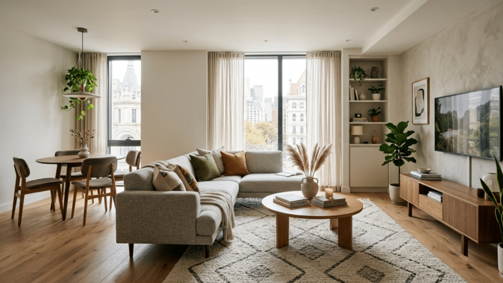 modern apartment interior with decorative wall features and carefully selected home accents