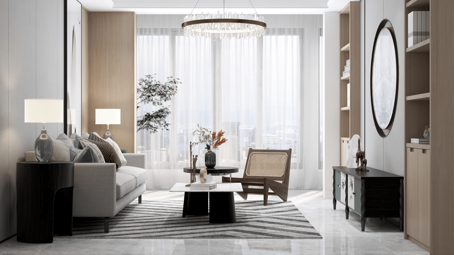 modern apartment living room with decorative accents and space saving furniture arrangement