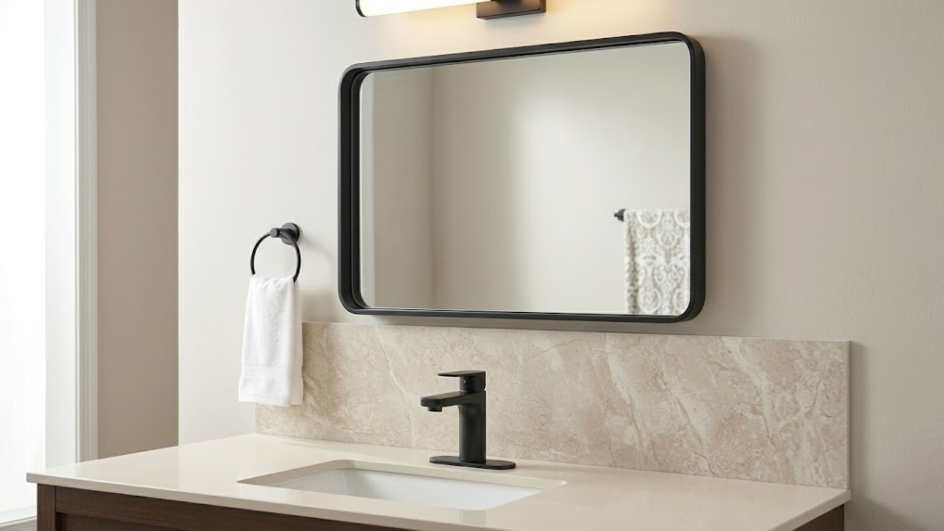 modern bathroom mirror with a black metal frame hanging above a vanity with a black faucet