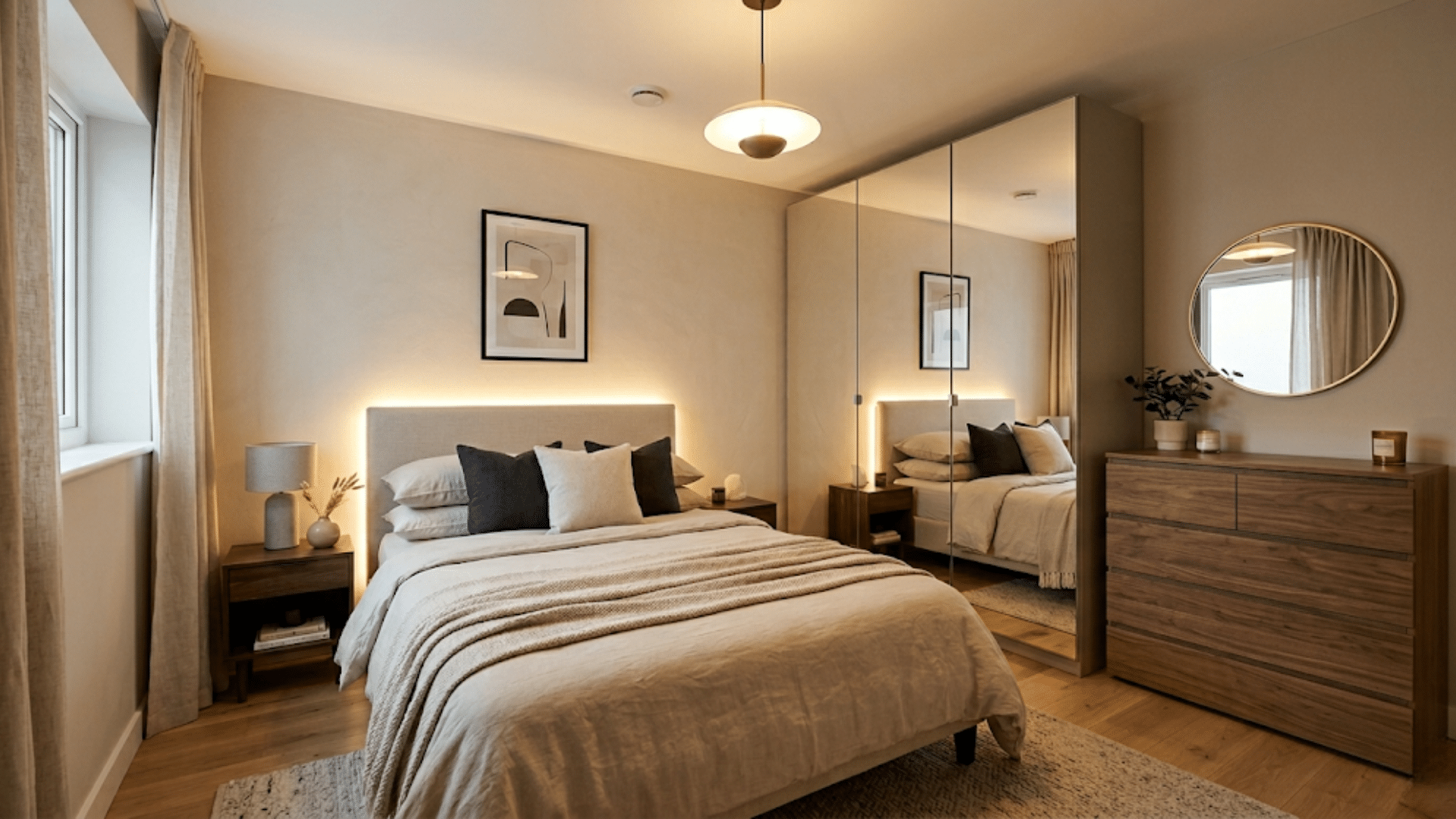 modern bedroom with mirrored wardrobe reflecting light and creating a brighter more spacious feel
