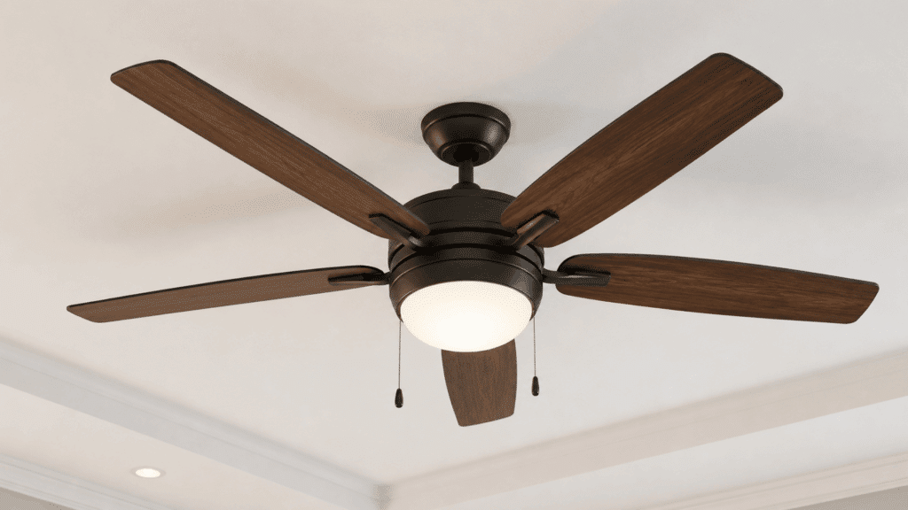 modern ceiling fan with wood finish blades and integrated light mounted on a white ceiling in a bright room interior