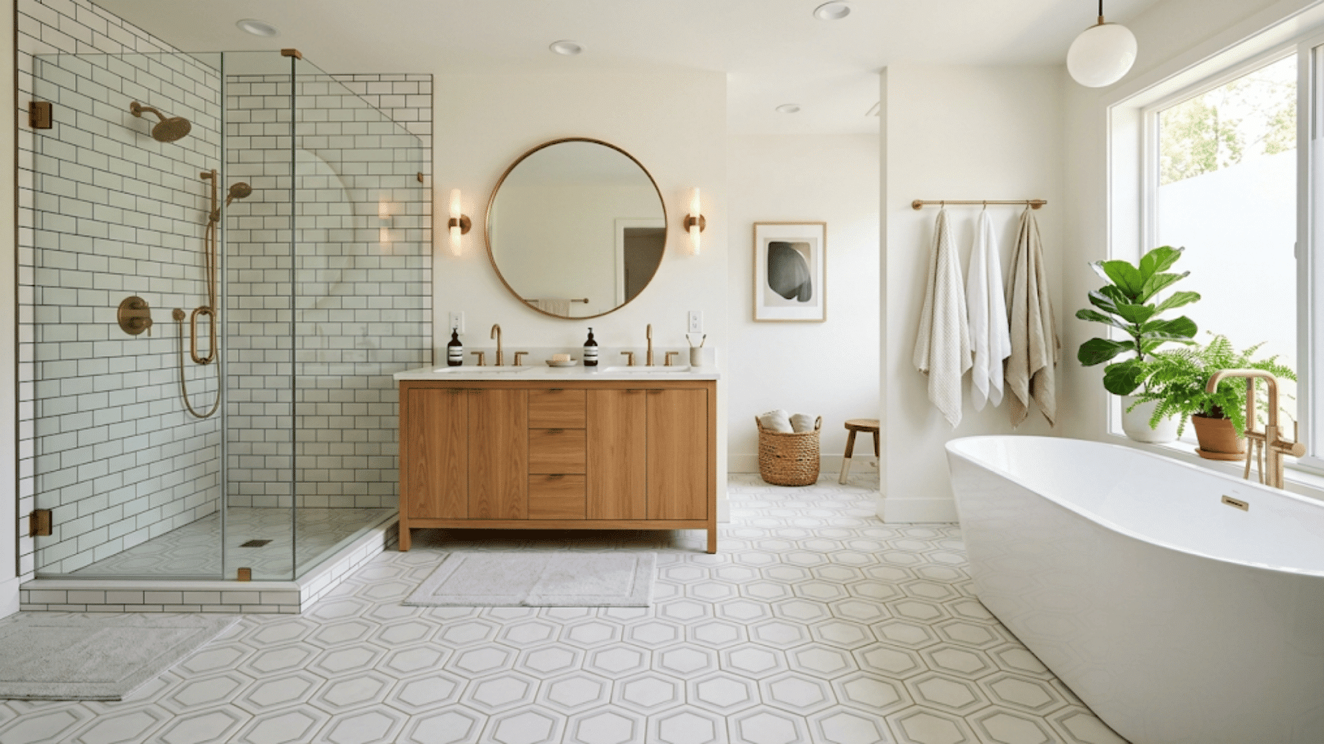modern farmhouse bathroom with wood vanity glass shower white hexagon floor tile freestanding tub and brass fixtures