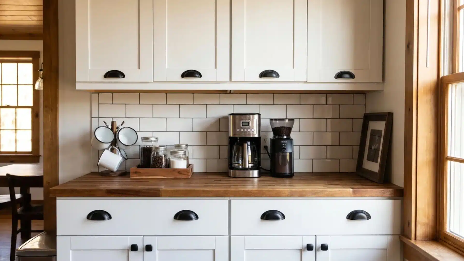Modern farmhouse coffee bar with white shaker cabinets, black hardware, butcher block counter, mugs, grinder, and jars.