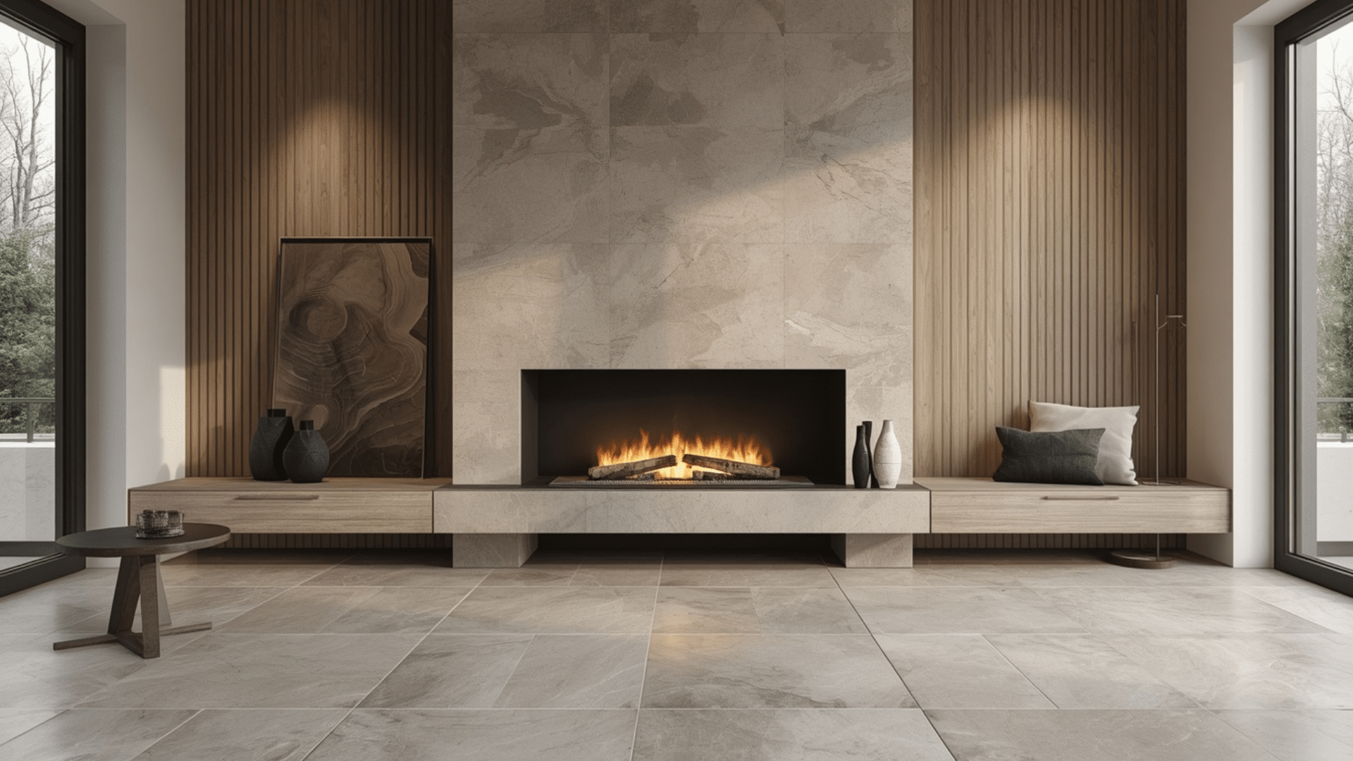 modern fireplace featuring large format tiles that add texture and visual interest to the space (2)