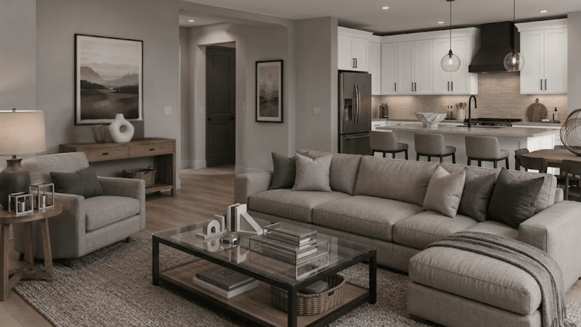 modern gray open concept living room with charcoal accents natural wood furniture and warm layered textures