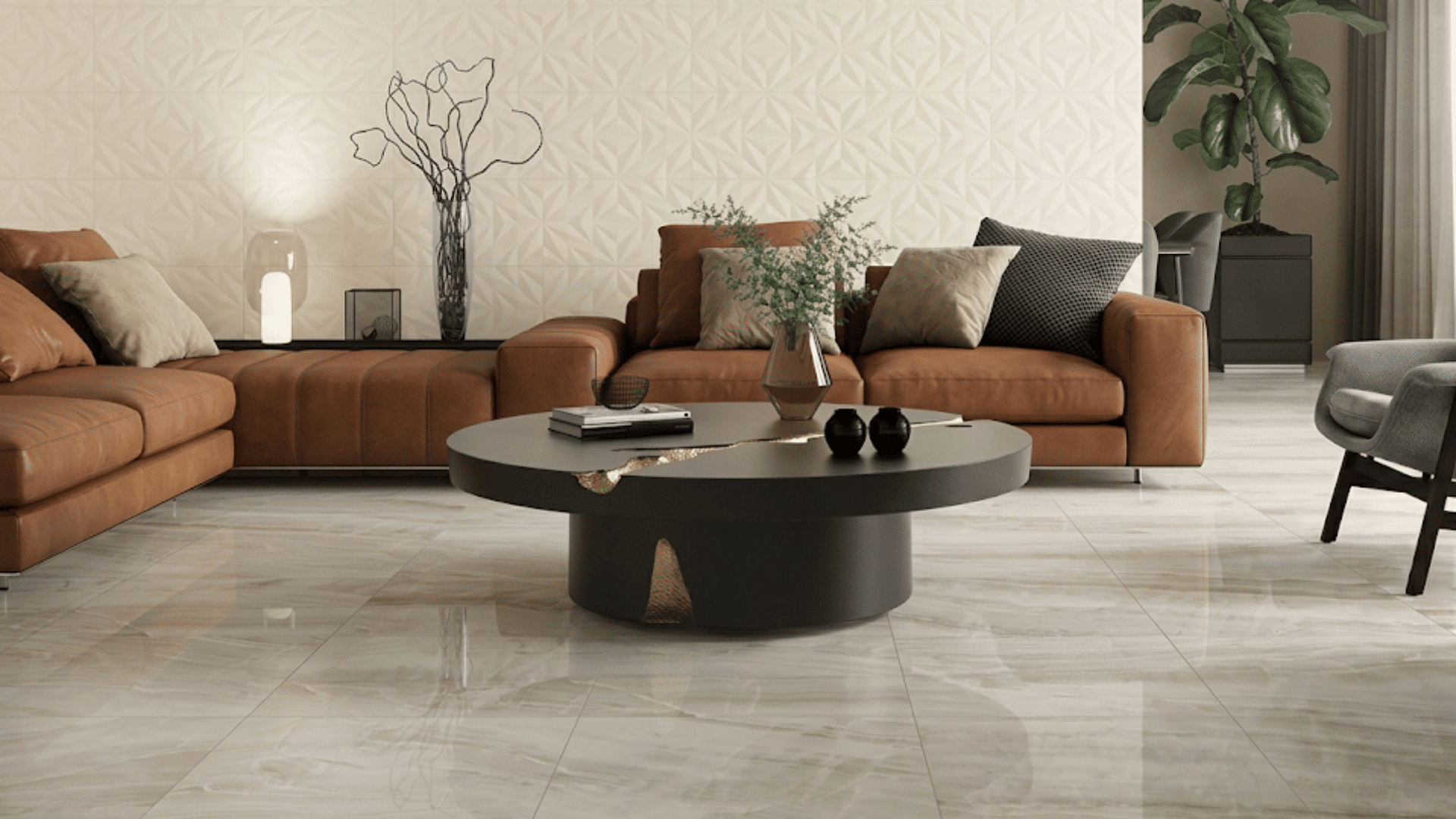 modern living room with brown leather sofas black round coffee table glossy ceramic tile floor and indoor plants