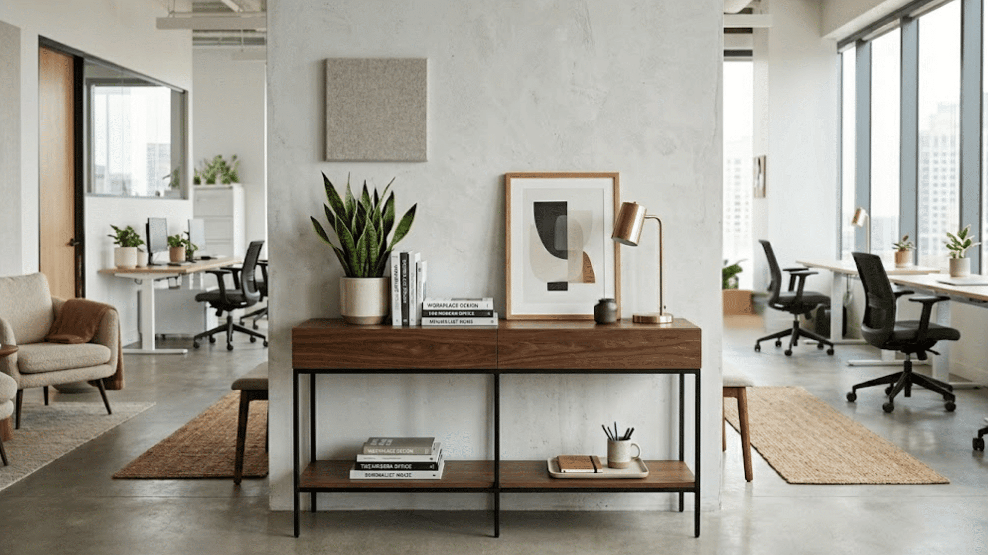 modern office space with wooden console table displaying books artwork and plants between open workstations and seating areas