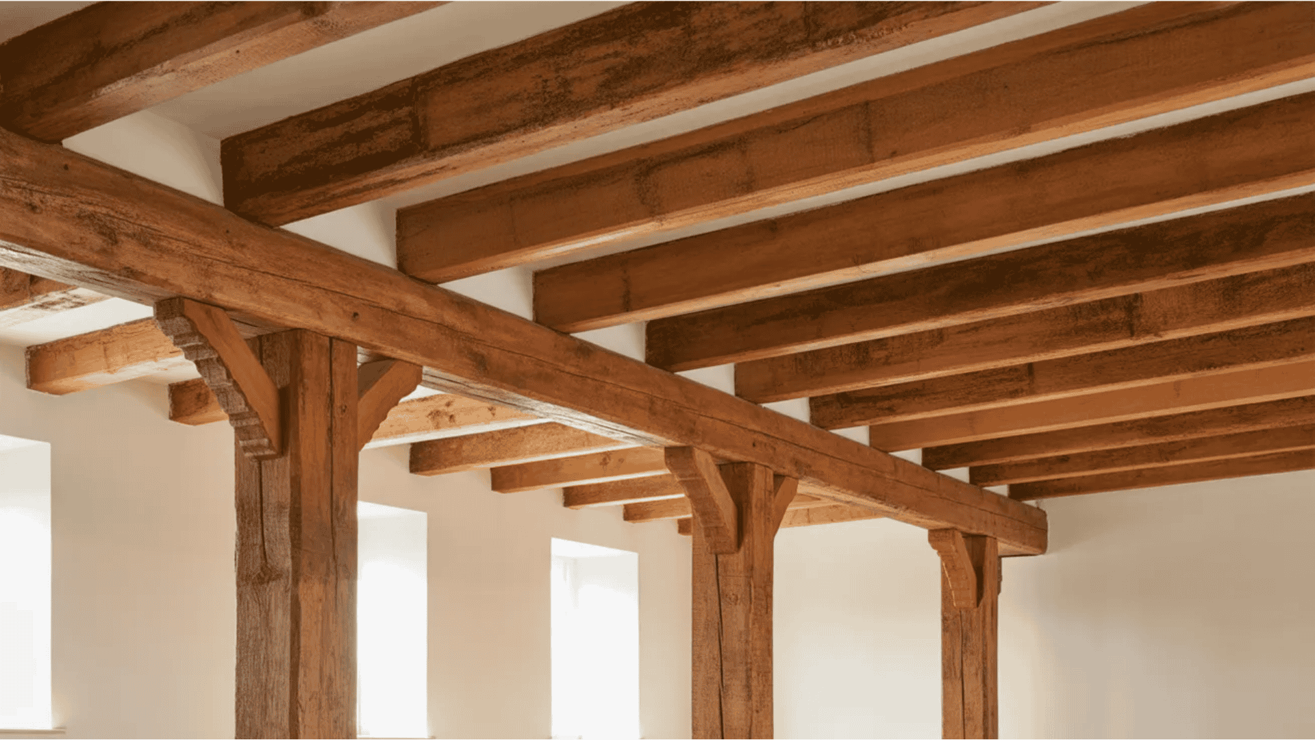 modern rustic living room with exposed wooden ceiling beams creating warm rustic living room design