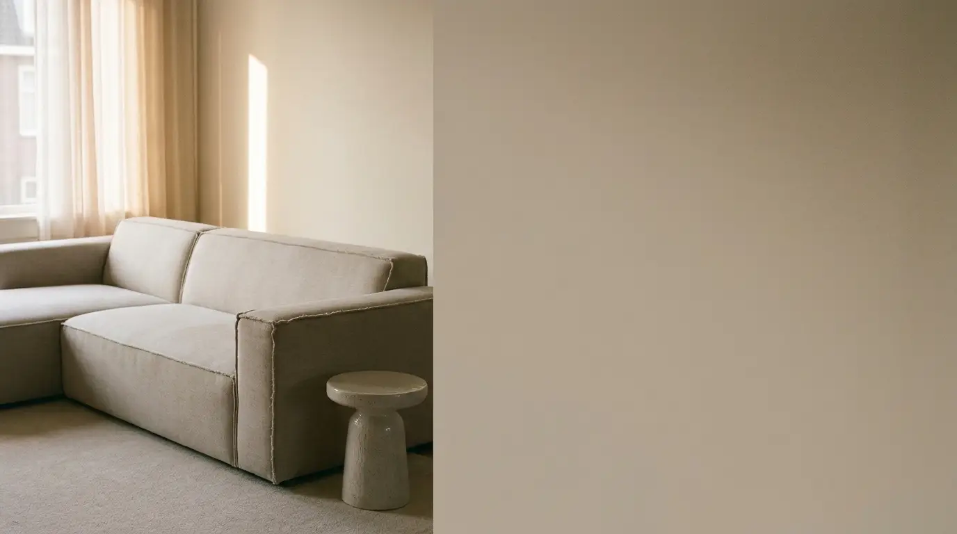 Beige modern sectional sofa with small round table in bright living room