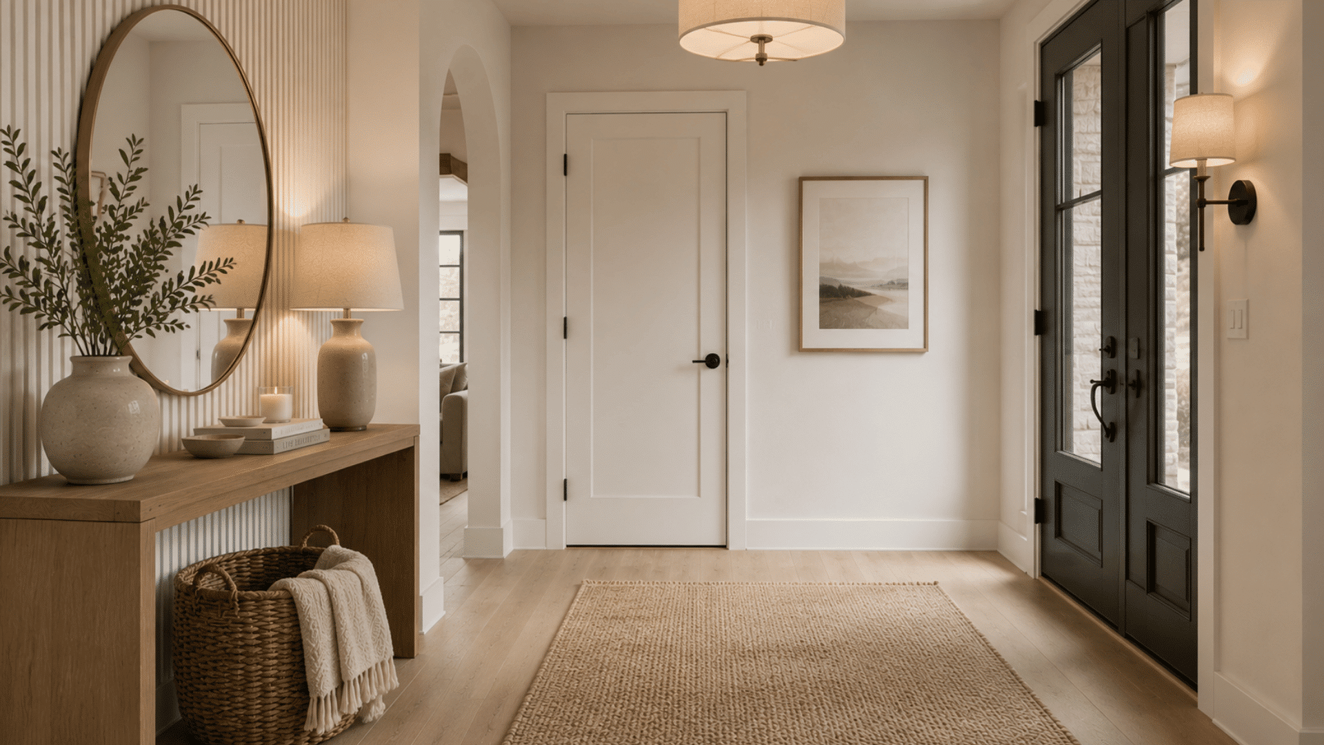 modern white entryway with textured wall panel warm lighting wooden console table woven basket and greenery