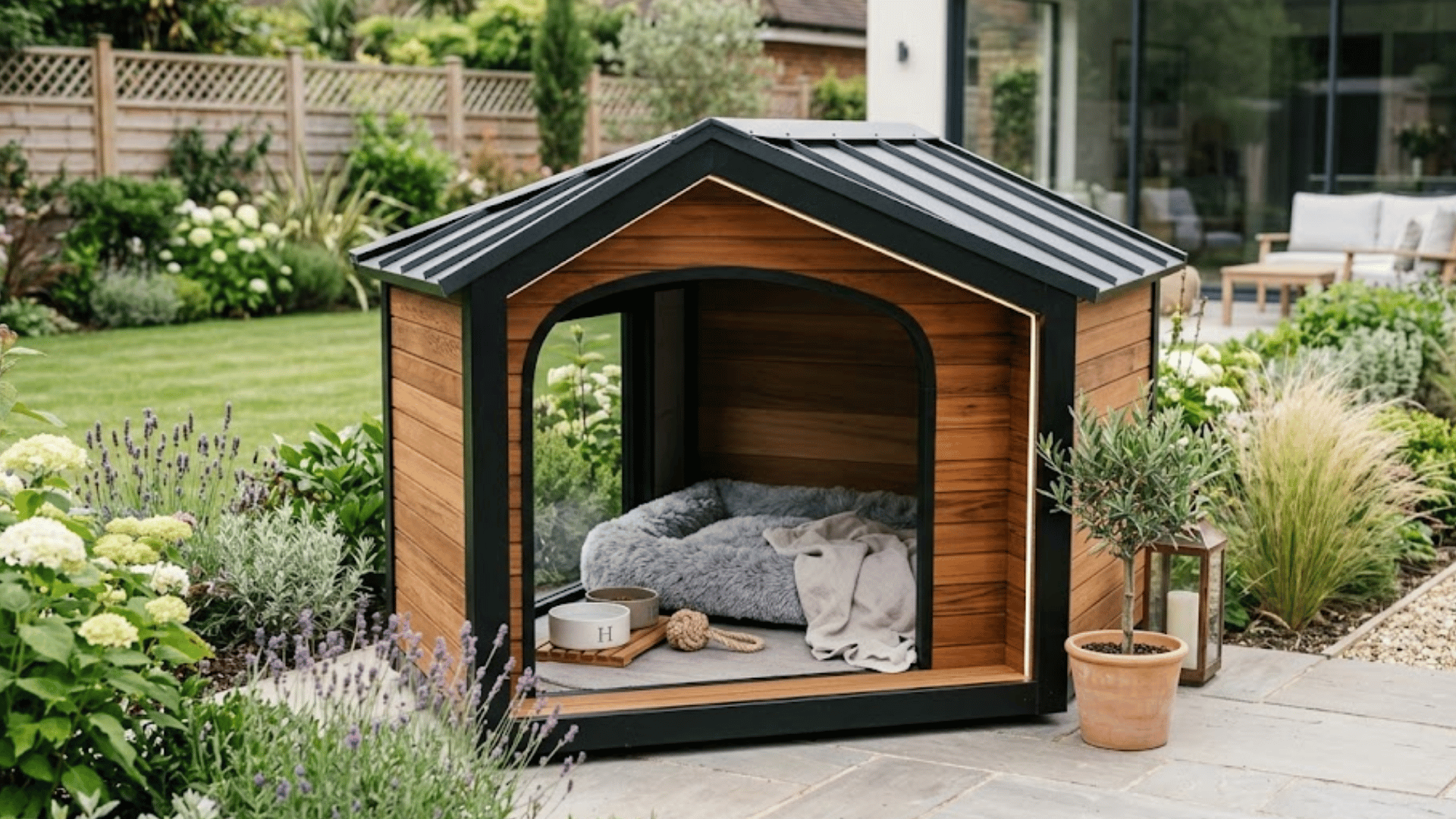 modern wooden dog house with a cushioned bed and blanket surrounded by landscaped garden plants beside a patio area
