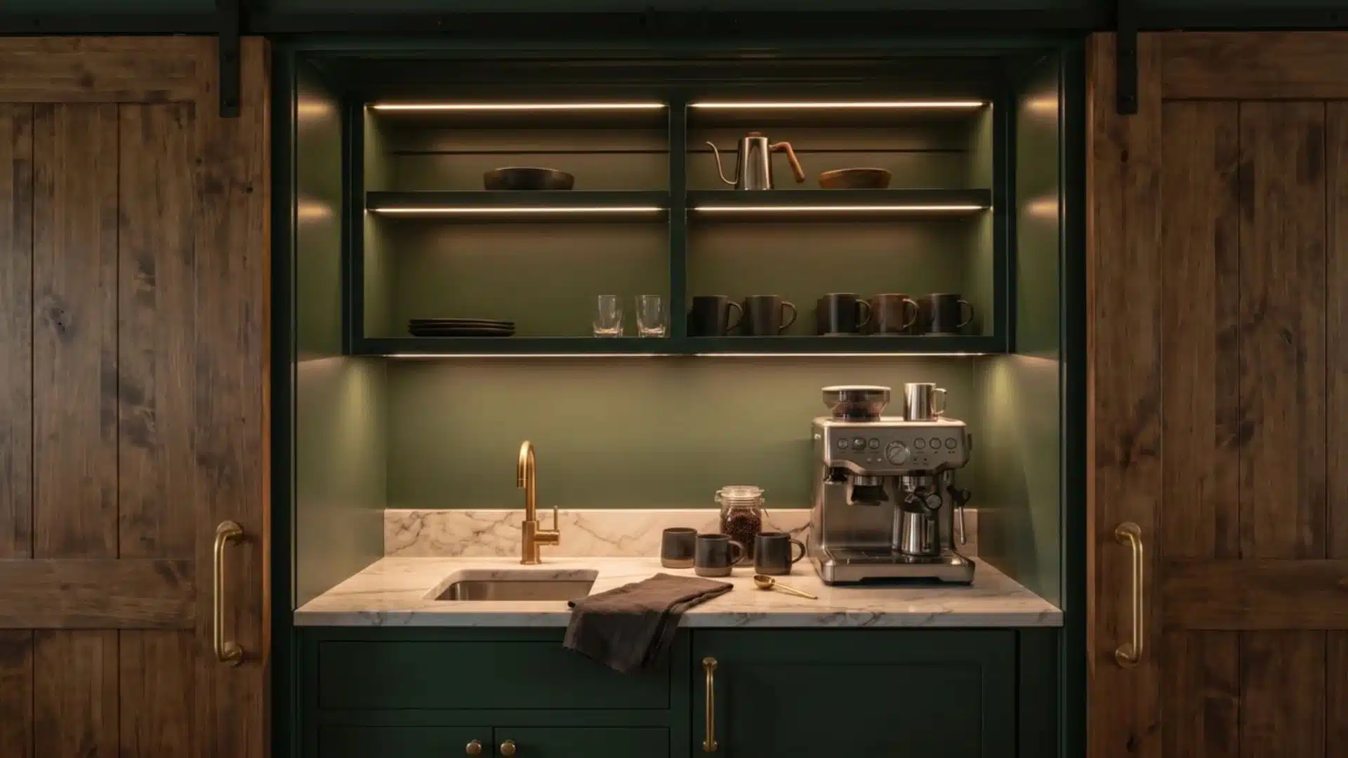 Dark green pantry coffee bar with brass hardware, bar sink, espresso machine, dark mugs, and warm under-shelf lighting.