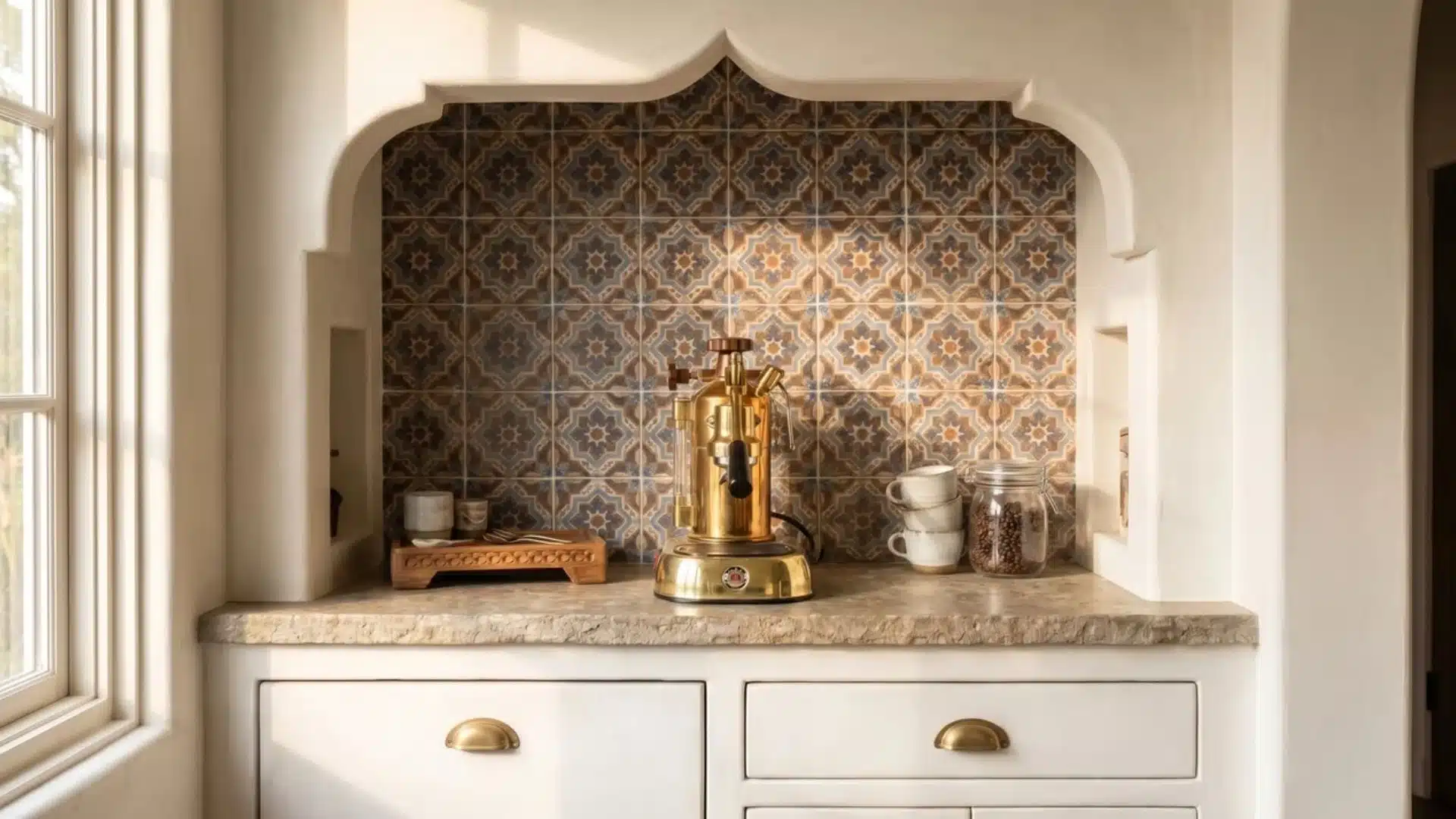Moroccan coffee bar with encaustic tile, white plaster cabinets, brass hardware, espresso machine, cups, and arched detail.