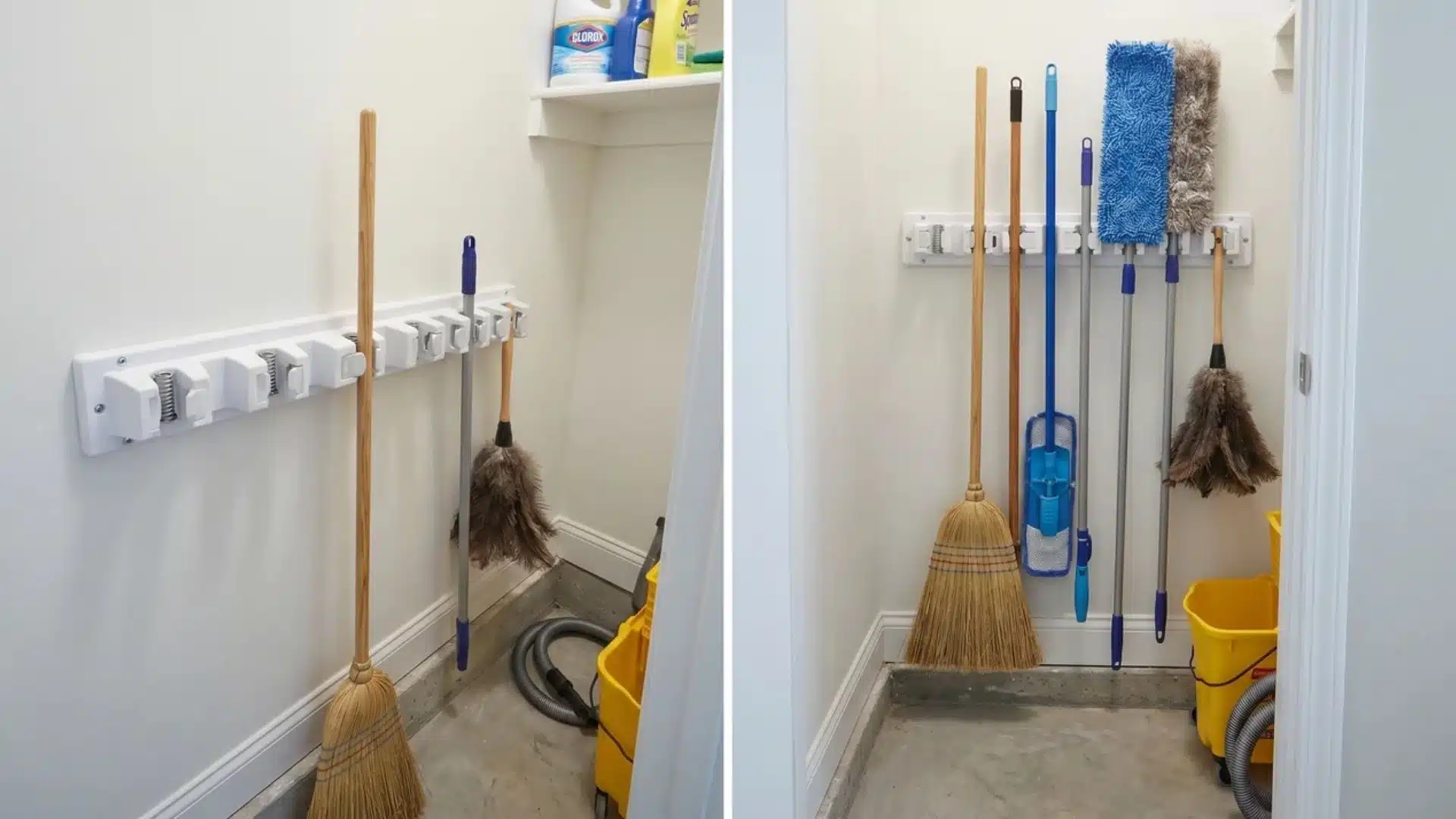 utility closet wall with grip rail holding broom mop and duster handles upright