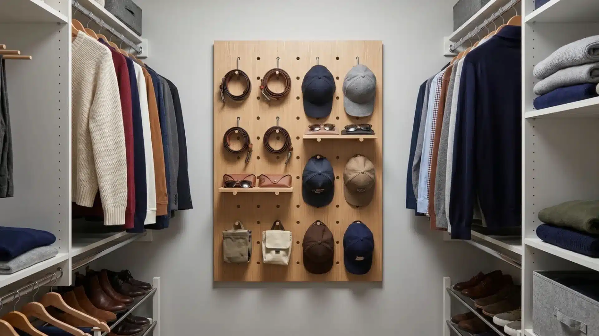pegboard panel in walk-in closet holding belts caps sunglasses and small bags