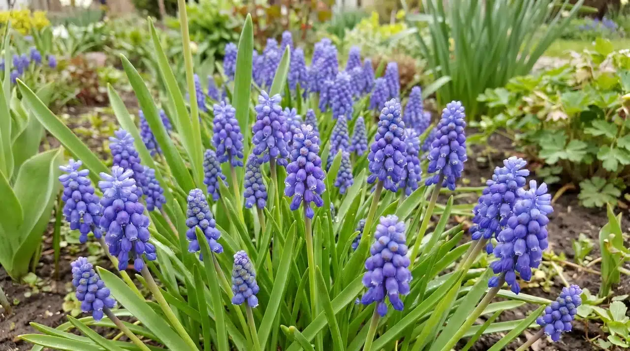 Muscari armeniacum flowers blooming in a spring garden.