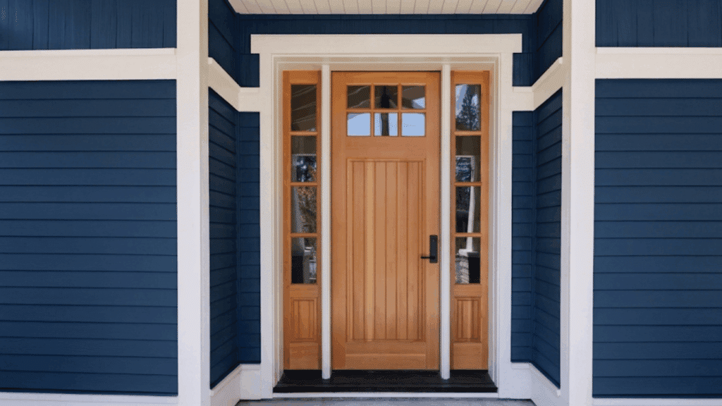 natural wood front door with white door casing and glass sidelights framed by green exterior siding