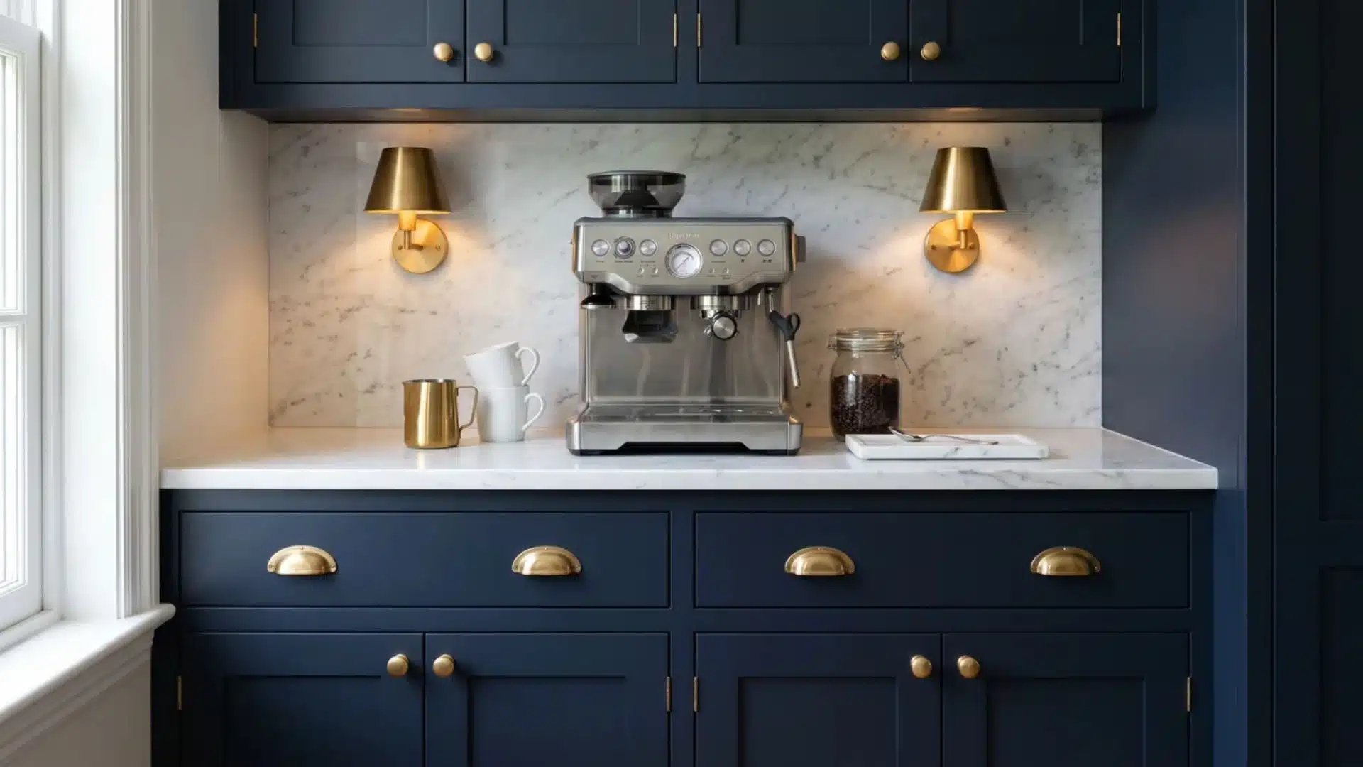 Navy coffee bar with brass hardware, marble counter, sconces, espresso machine, white mugs, and polished classic styling.