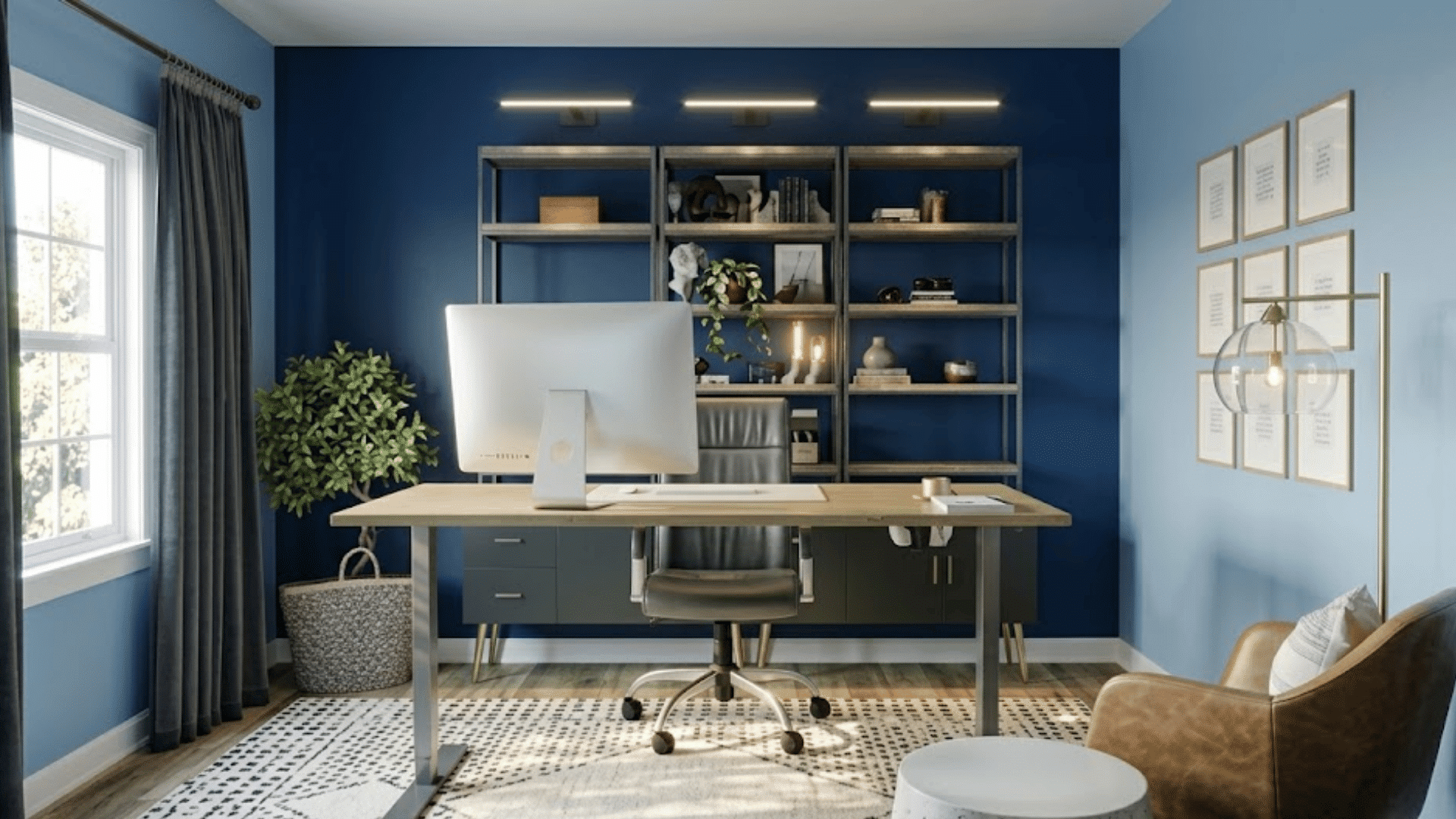 navy blue monochromatic home office with layered blue walls modern desk shelving and coordinated decor accents