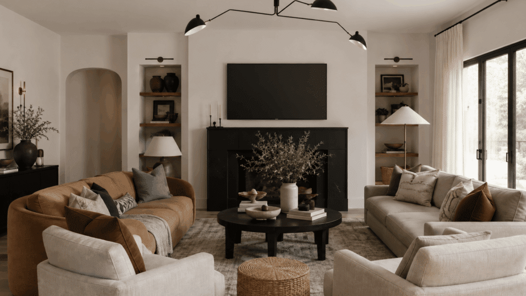 11 Monochromatic Example Designs for Your Home neutral monochromatic living room with layered beige tones black fireplace cozy seating and warm natural lighting