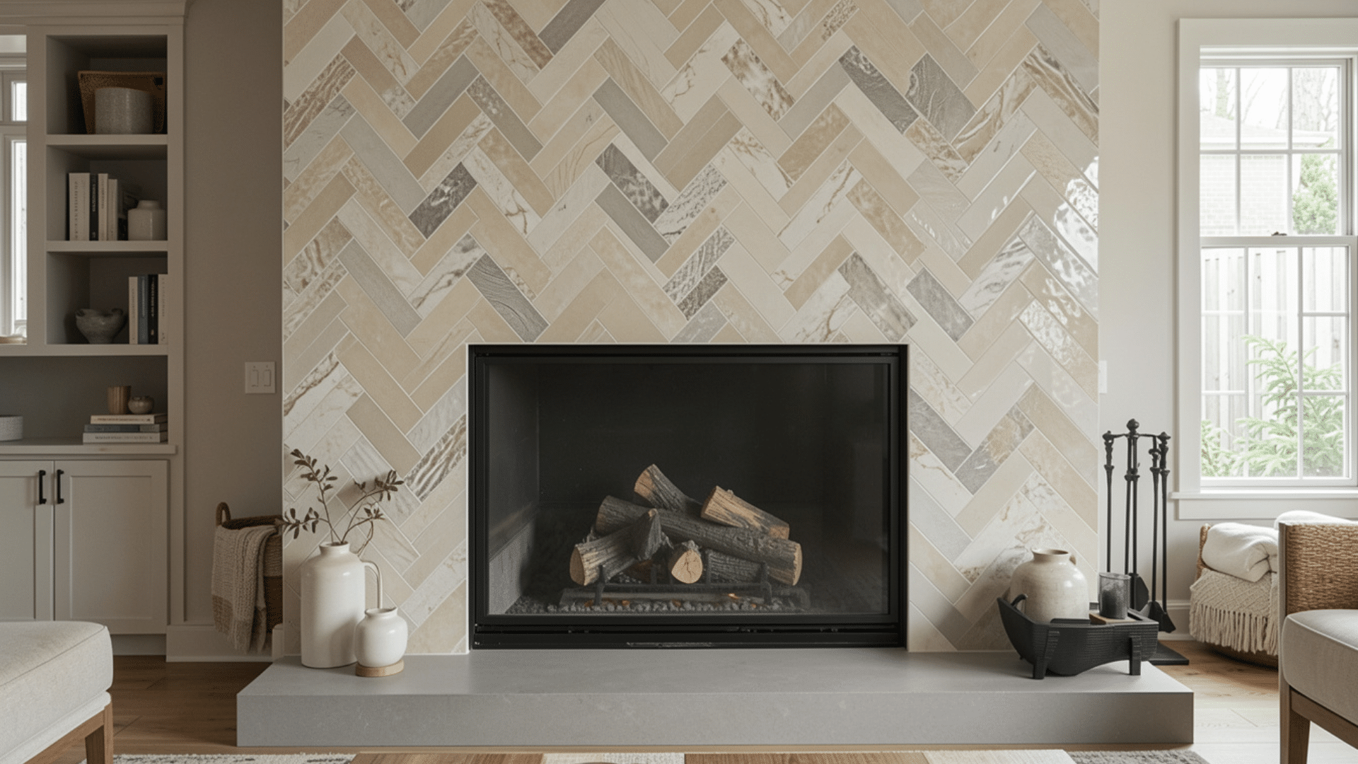 neutral tile fireplace surround blending with modern decor while adding subtle visual appeal