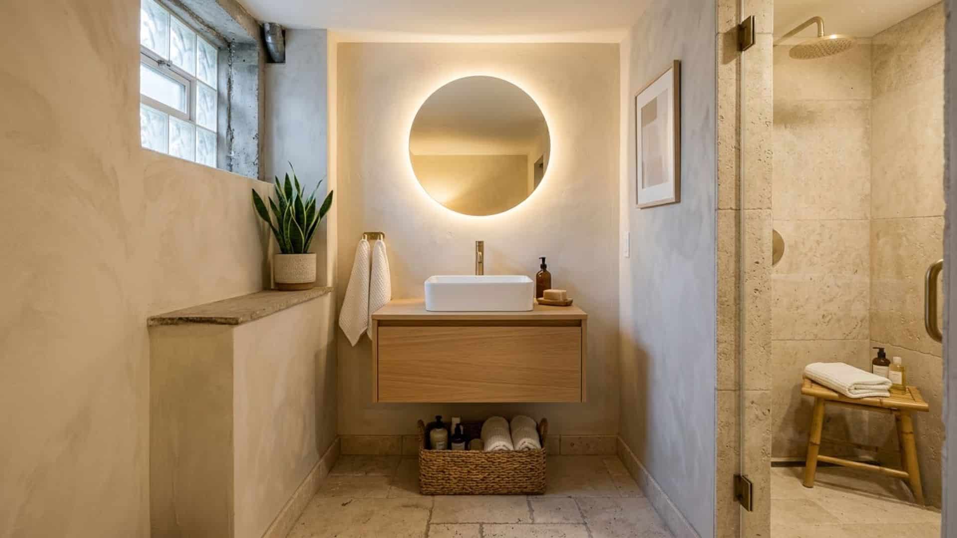 neutral tone basement bathroom with beige cream and gray colors soft lighting calm spa like clean interior design