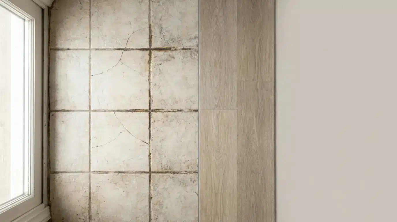 Cracked stone tiles next to smooth wooden flooring indoors
