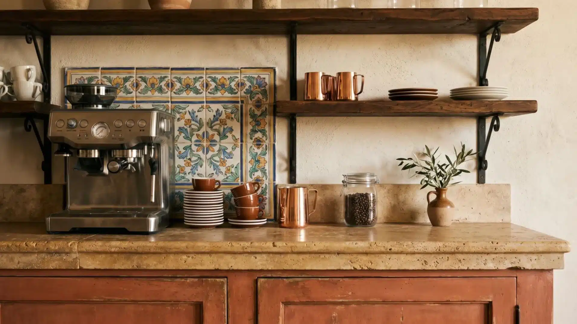 Tuscan coffee bar with travertine counter, terracotta cabinet, painted tile, wood shelves, espresso cups, and copper accents.