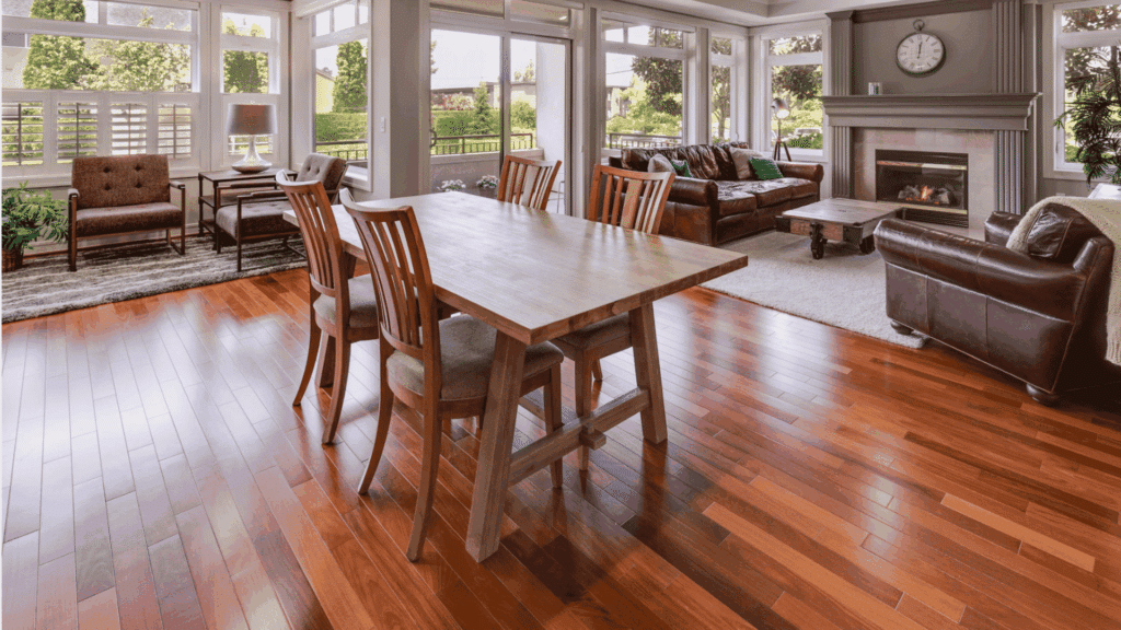 open concept living and dining room with hardwood flooring large windows fireplace and seating area (1)