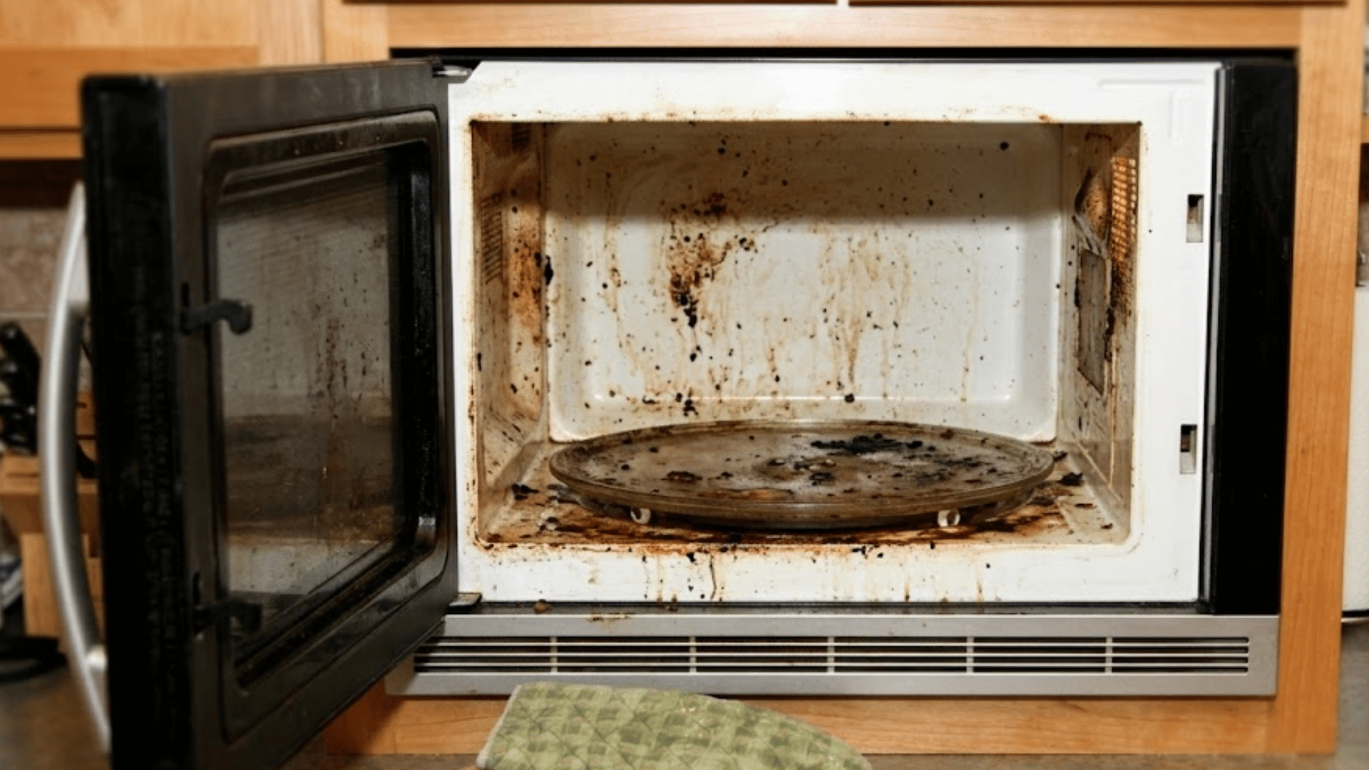 open microwave with heavily stained interior and dirty glass turntable covered in burnt food residue and grease buildup