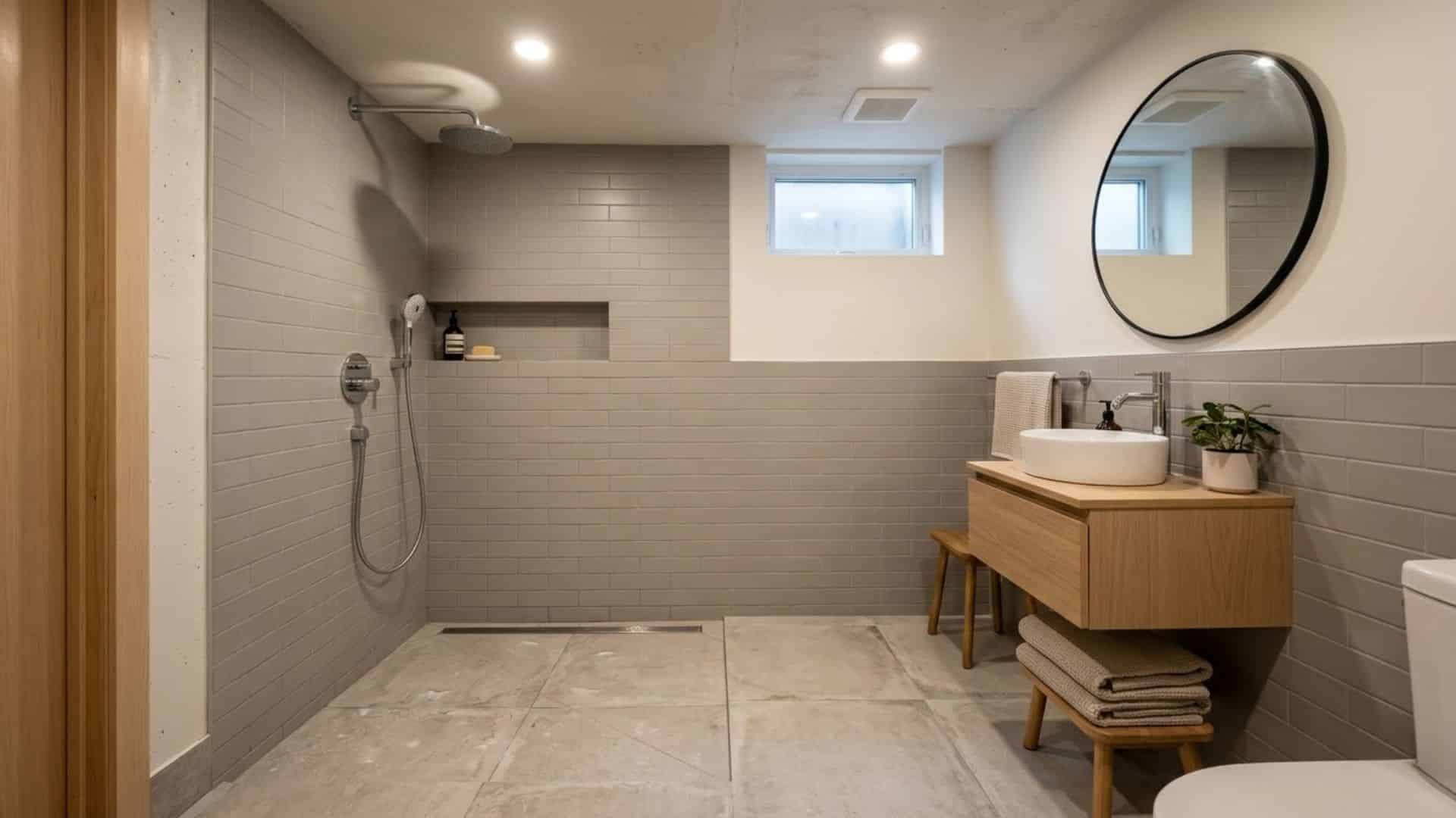 open shower basement bathroom with seamless floor neutral tiles and modern spacious clean layout design