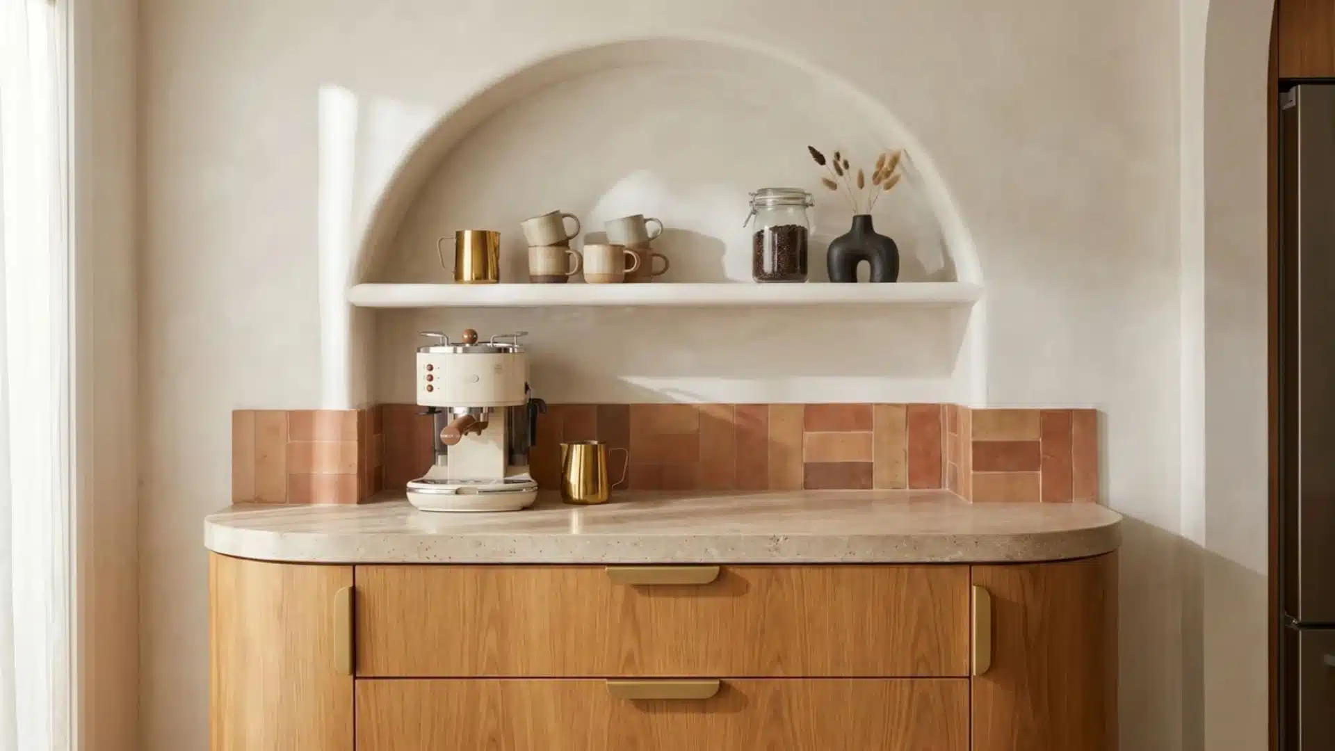 Organic modern coffee bar with curved oak cabinet, plaster wall, terracotta tile, espresso machine, mugs, and brass accents.