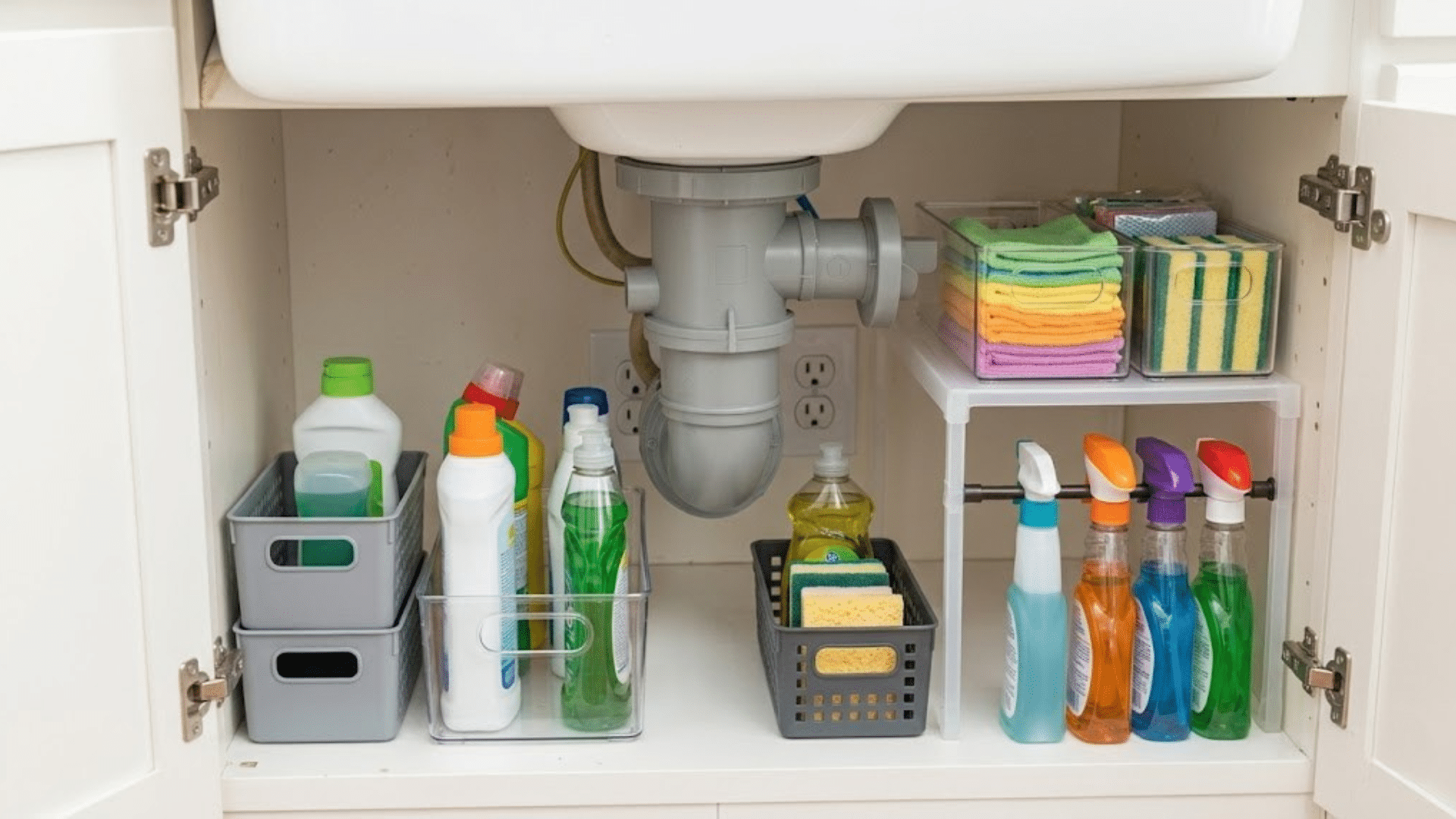 organized kitchen sink cabinet with cleaning supplies in plastic bins and spray bottles on a rod