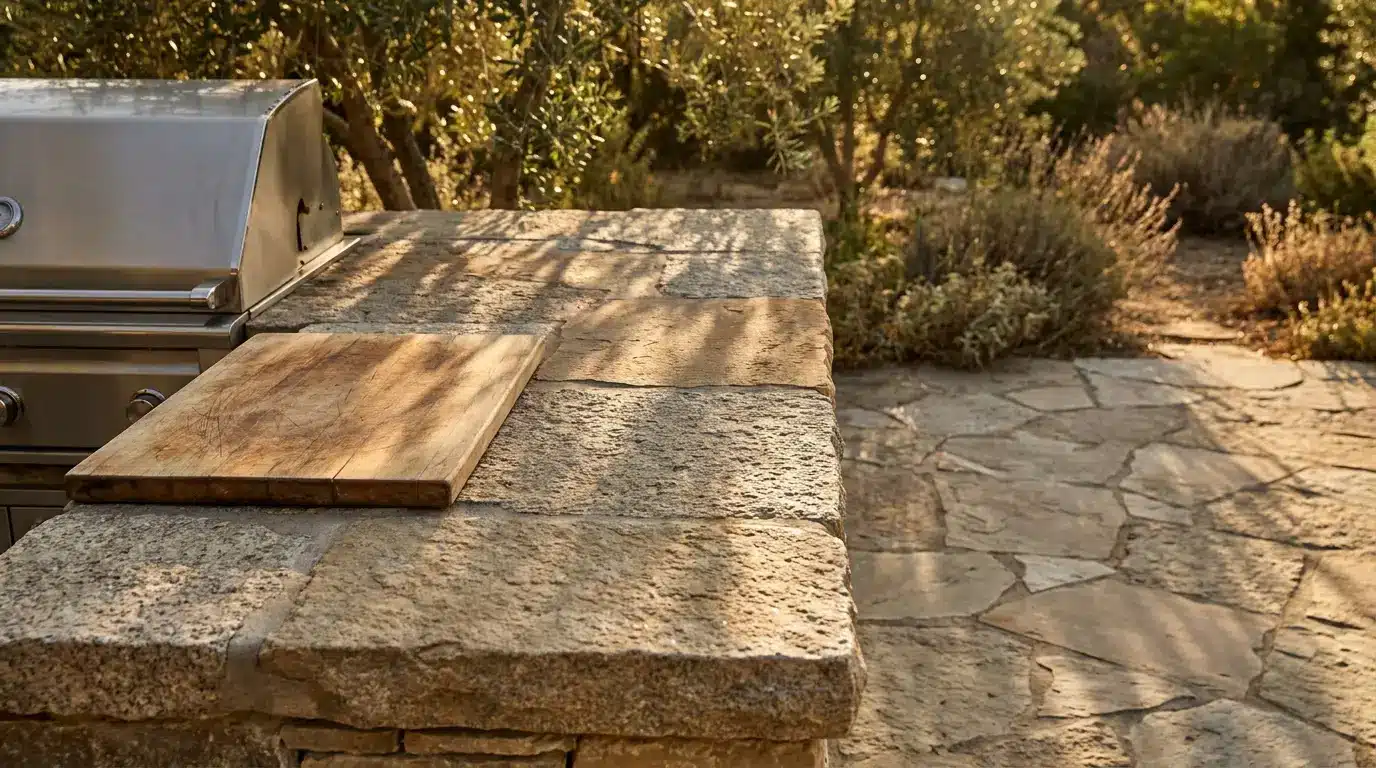 Stone outdoor kitchen with wooden cutting board and stainless steel grill in sunlight