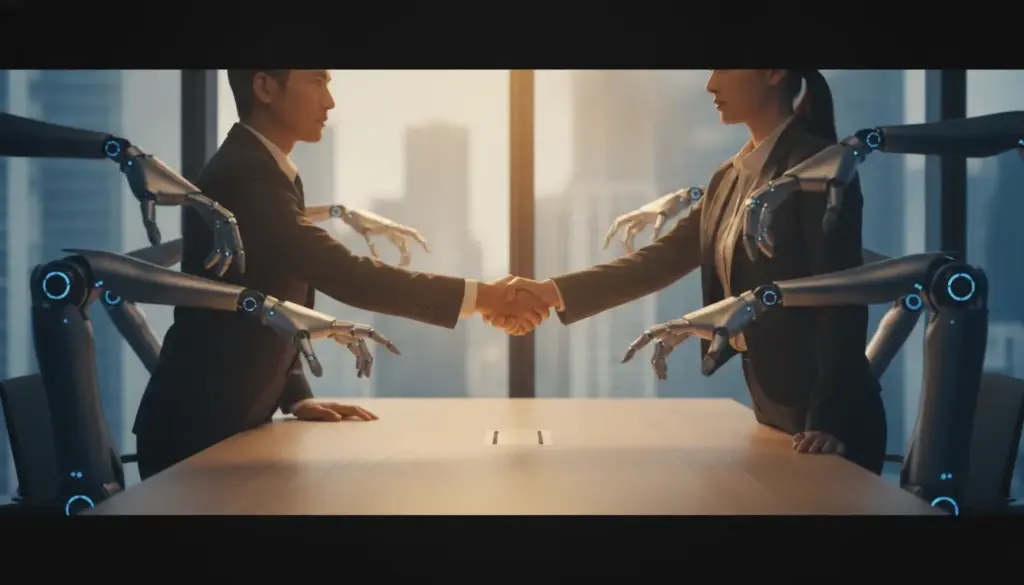 Handshake between businesspeople with robotic arms in modern office setting