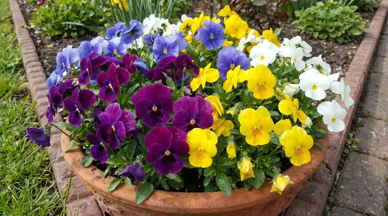 Colorful pansy flowers blooming in a spring garden container.