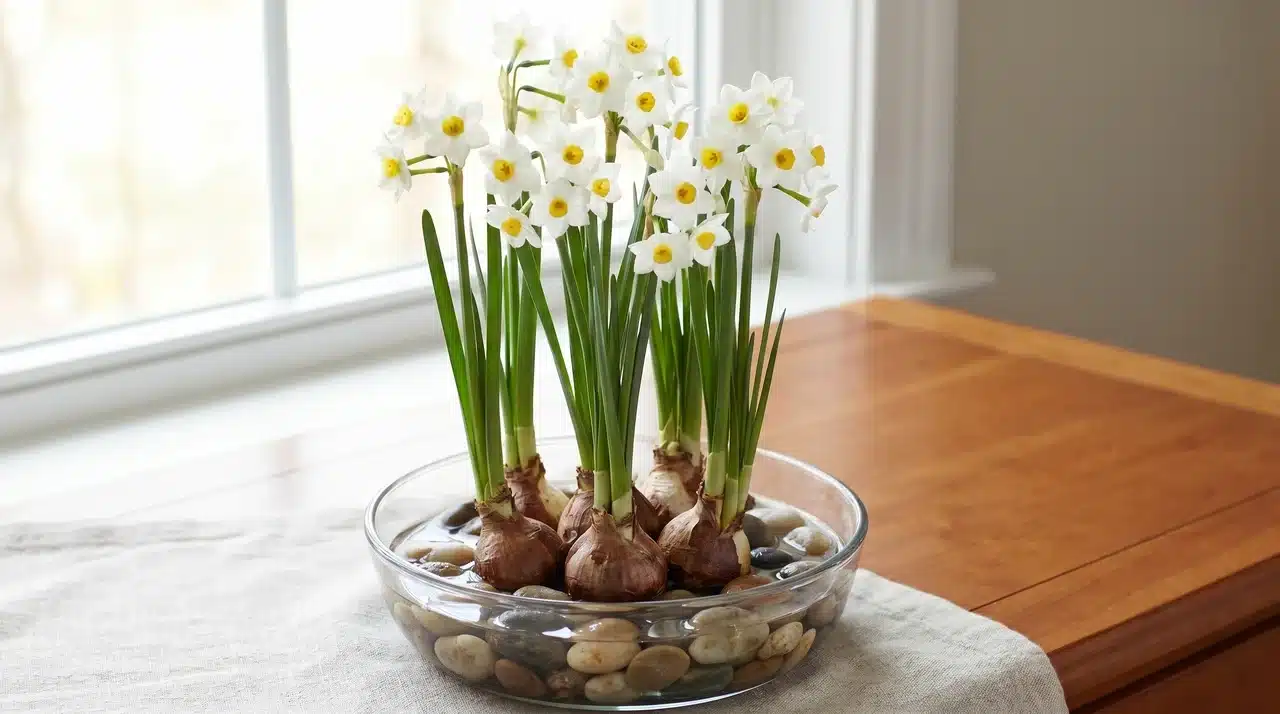 White paperwhite narcissus flowers growing indoors in a pebble container.