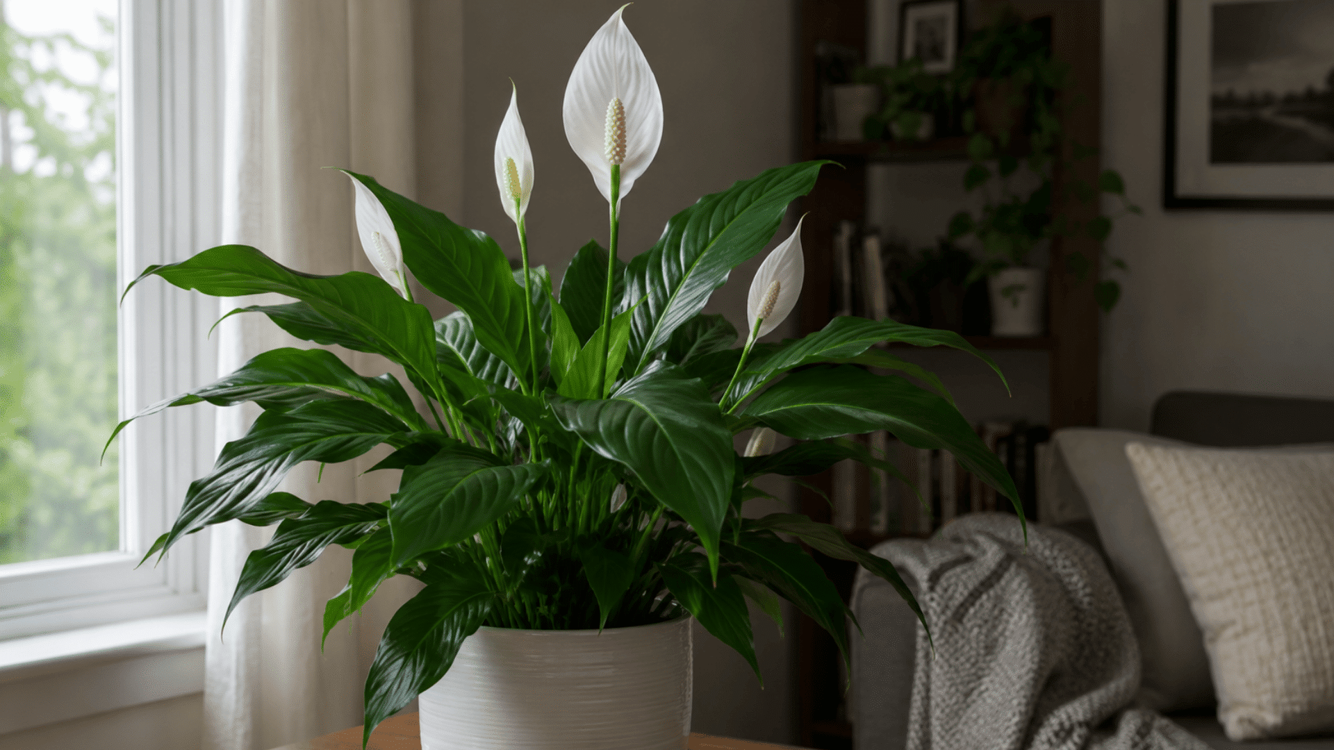 peace lily plant with white blooms and lush green leaves in a white pot beside a window in a cozy living room setting