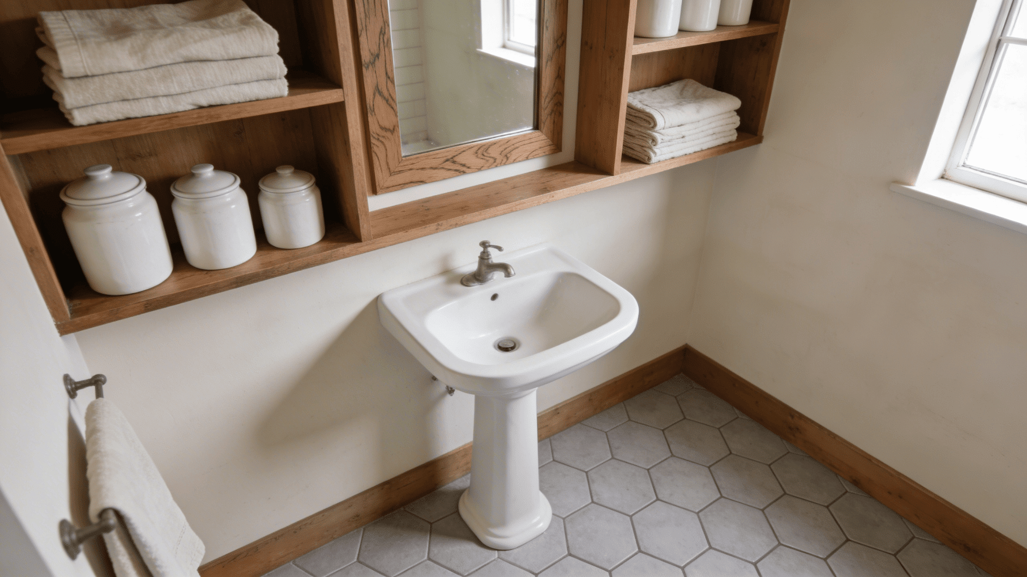 pedestal sink with wooden shelves and jars above on tiled floor in small bright bathroom space