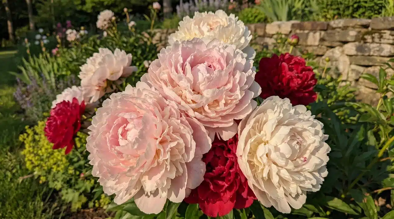 Large peony flowers blooming in a late spring garden.