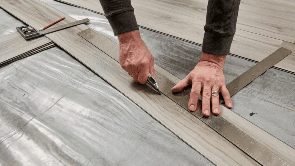 person cutting and measuring vinyl plank flooring with a utility knife and metal ruler during installation project