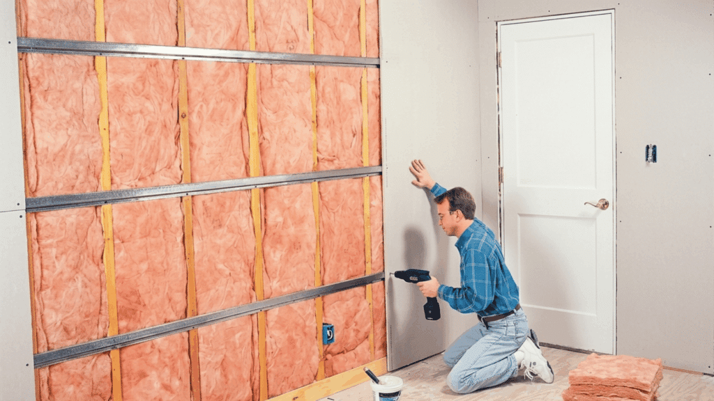 person installing drywall over insulated wall to improve soundproofing in a room during renovation project