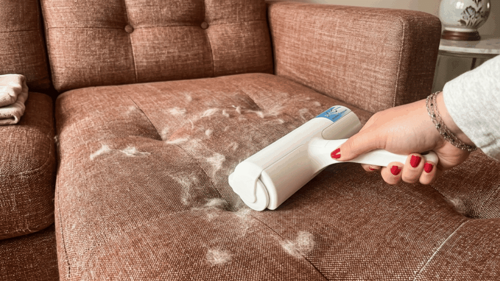 How to Easily Remove Dog Hair from Couch? person using a lint roller to remove pet hair from a brown fabric couch cushion and upholstery surface