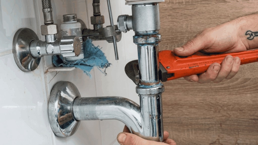 How to Replace Your Bathroom Faucet as a Beginner? person using a pipe wrench to loosen and remove corroded sink drain plumbing beneath a bathroom sink