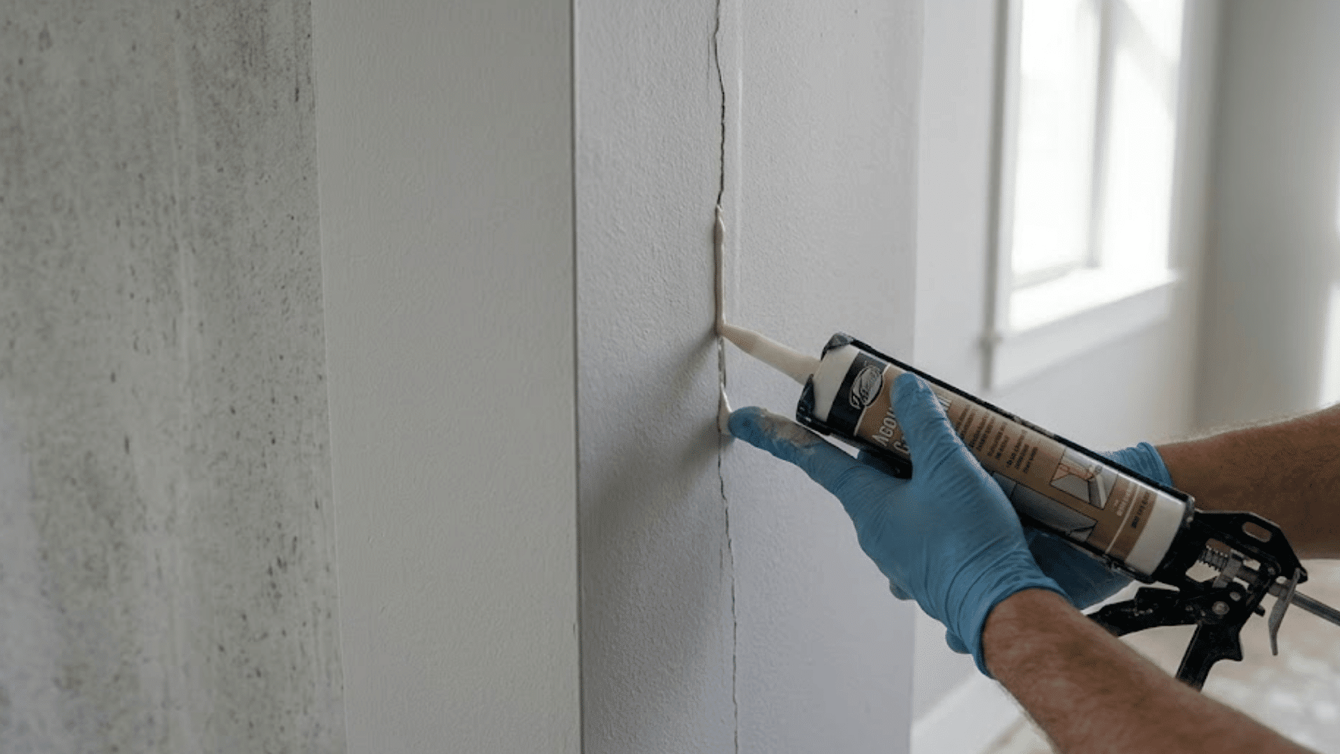 person wearing blue gloves applying sealant with a caulking gun to repair a vertical crack in an interior wall near a window