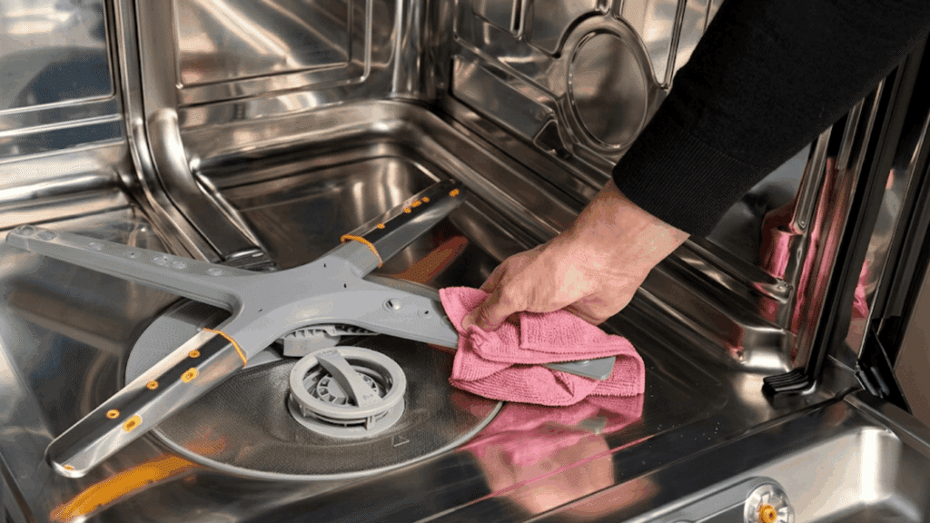 person wiping dishwasher spray arm and filter area with pink cloth during deep cleaning maintenance routine