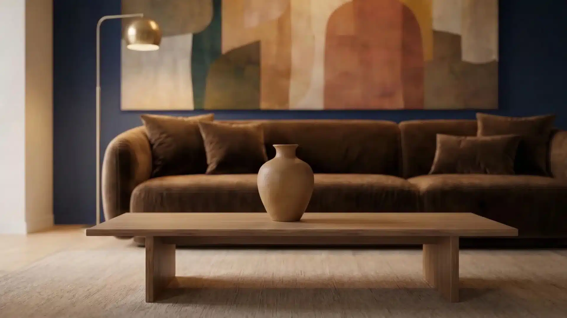 Living room with navy wall, canvas, velvet sofa, and a single isolated vase on the bare table showing placement.
