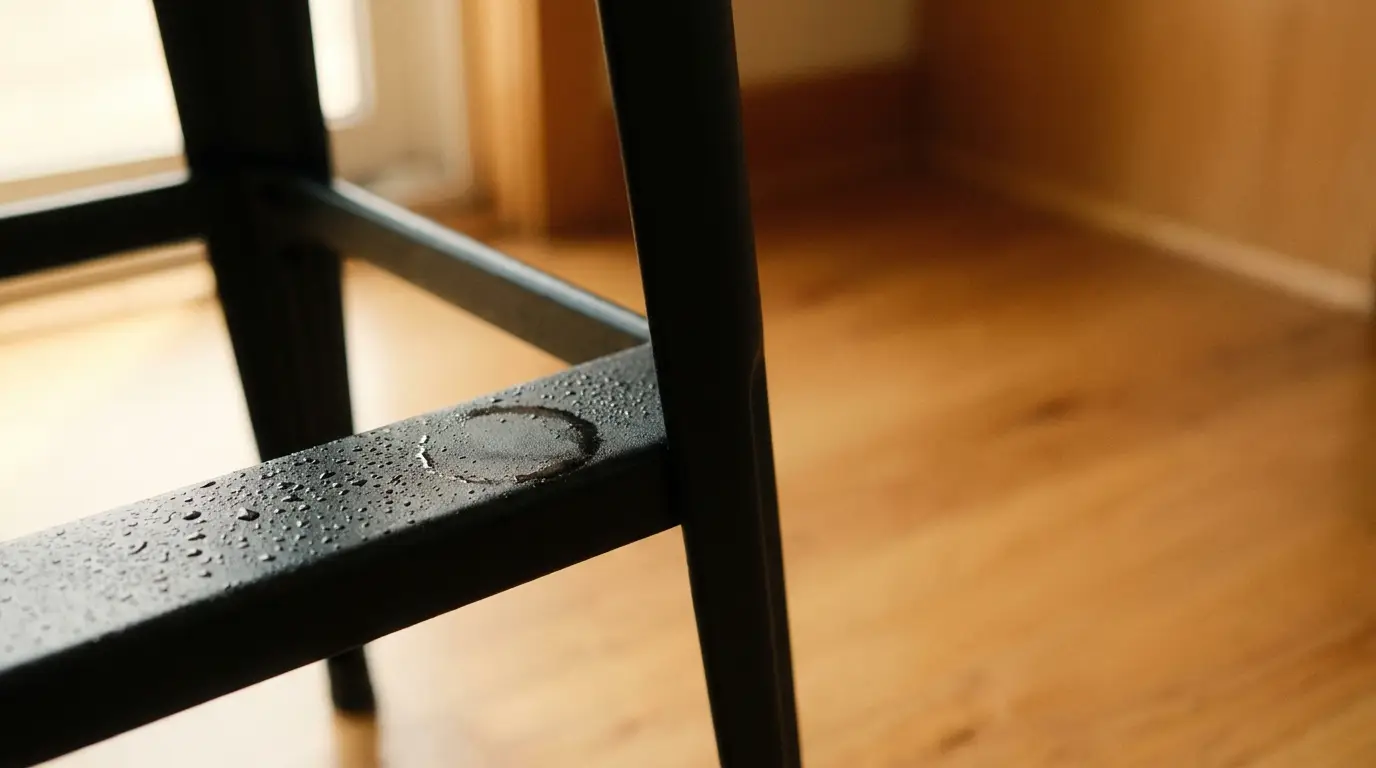 Condensation forming on black metal chair leg in warmly lit room with wooden floor