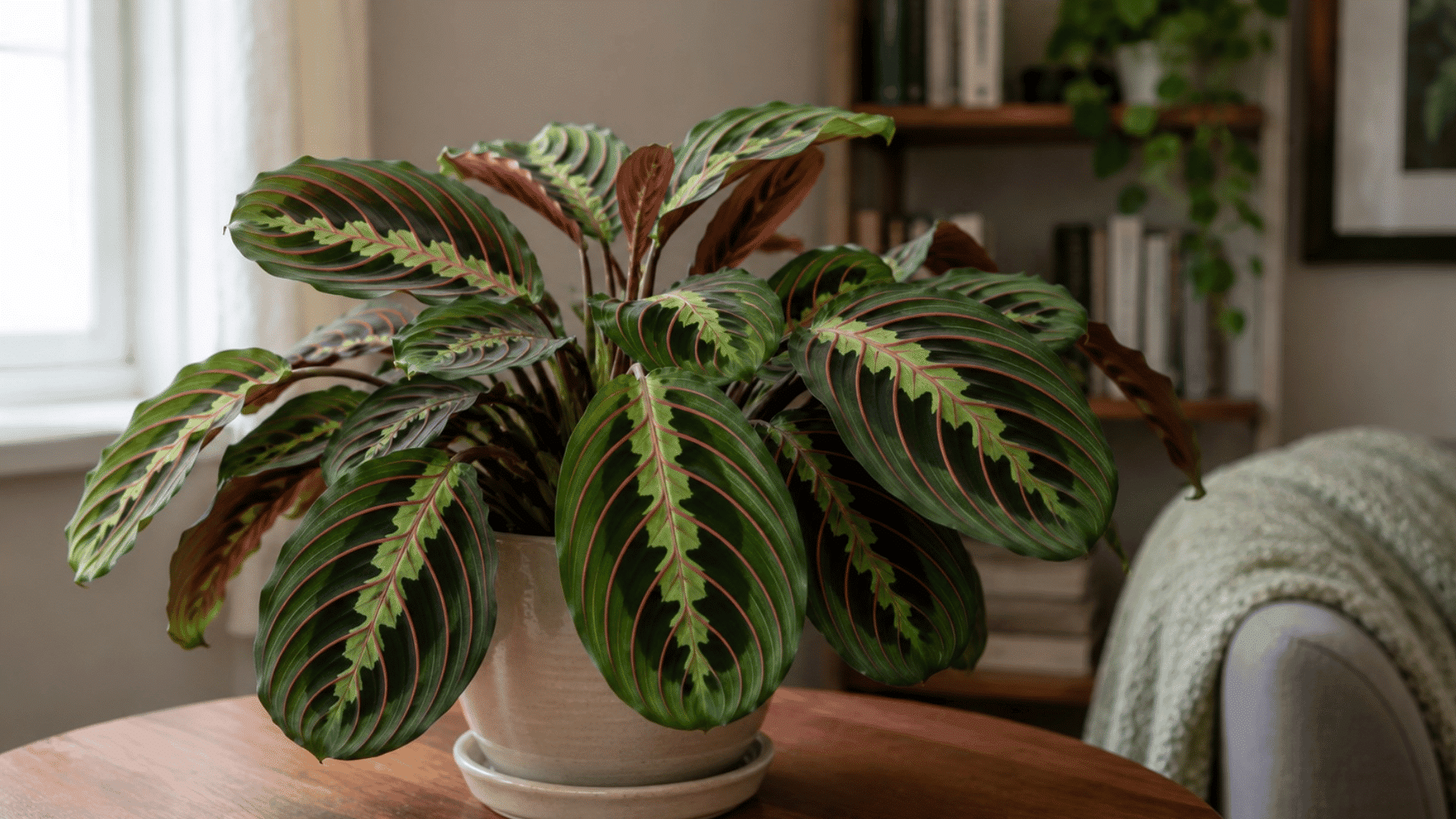 prayer plant with patterned green leaves and red veins in a ceramic pot on a table near a window in a cozy room