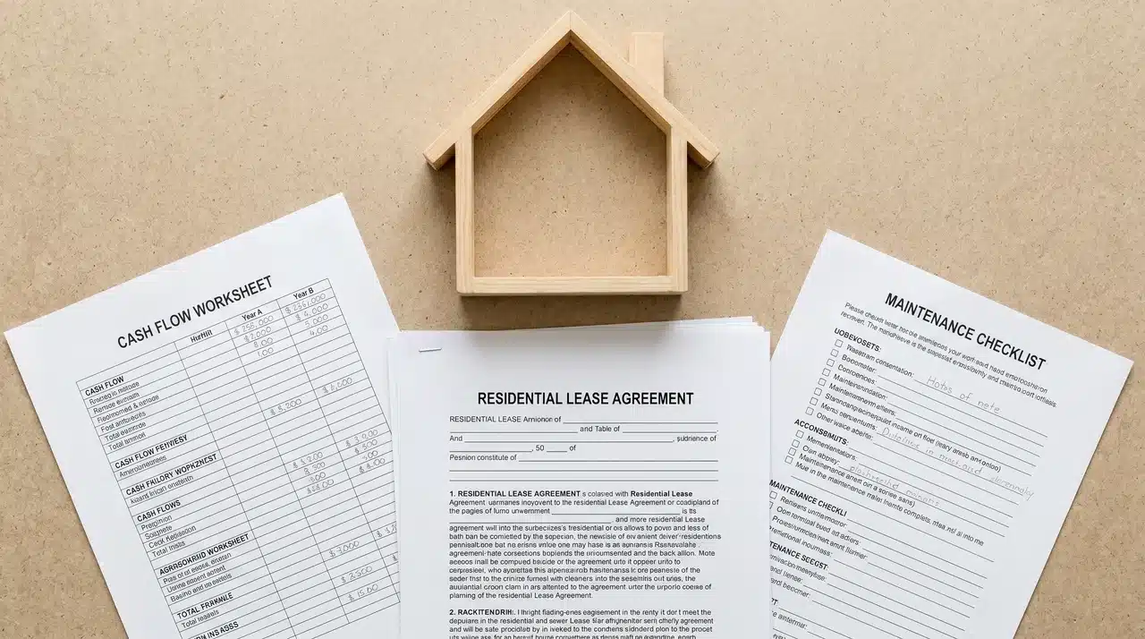 House outline surrounded by a cash flow worksheet, lease document, and maintenance checklist on a flat surface